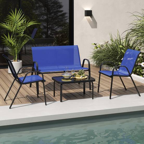 Maison Chic - Ensemble Salon de Jardin 4 Pièces 2 Fauteuils 1 Canapé 1 Table Basse en Verre pour Terrasse Piscine Patio Balcon Bleu MAISON CHIC - Image 2