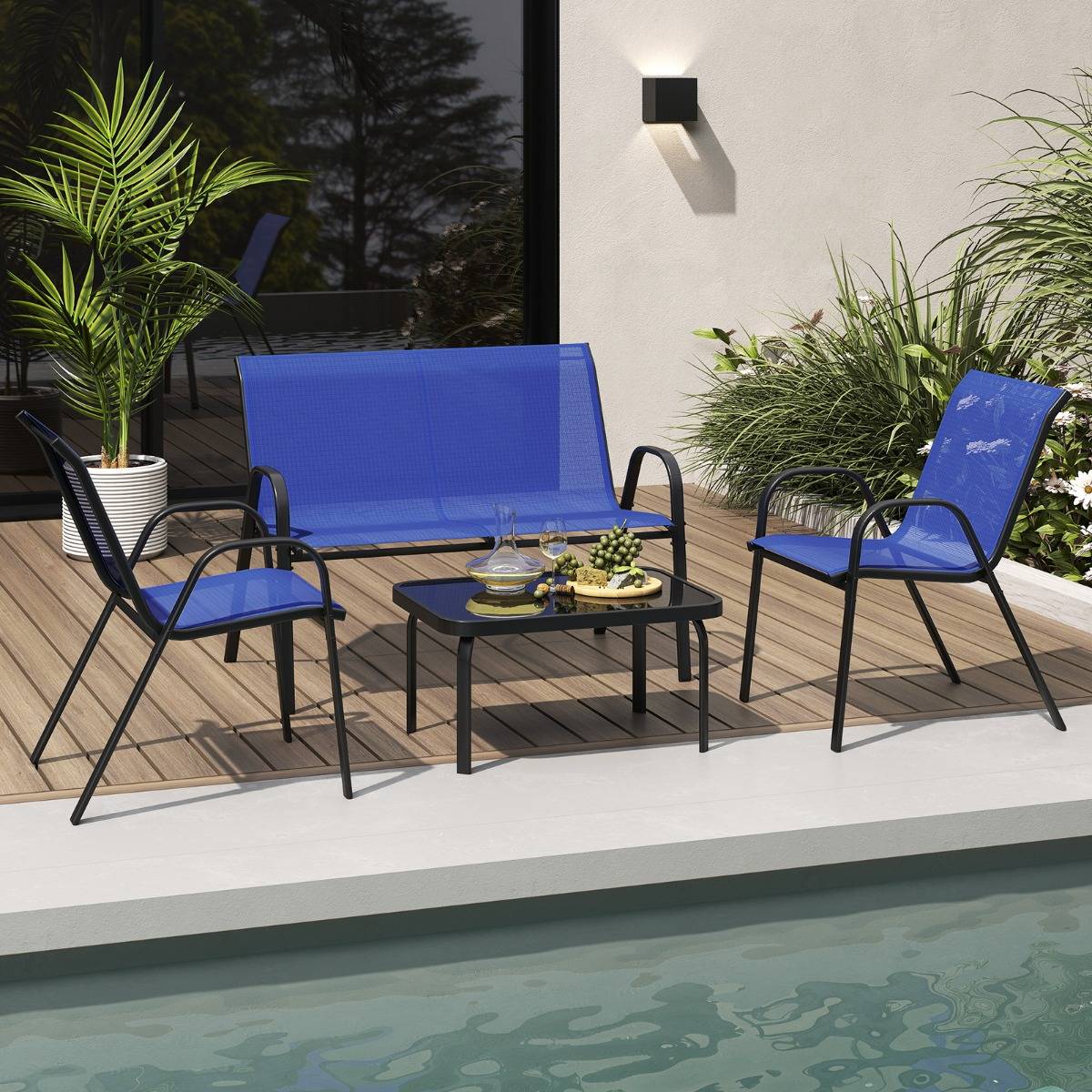 Maison Chic - Ensemble Salon de Jardin 4 Pièces 2 Fauteuils 1 Canapé 1 Table Basse en Verre pour Terrasse Piscine Patio Balcon Bleu MAISON CHIC - Image 2