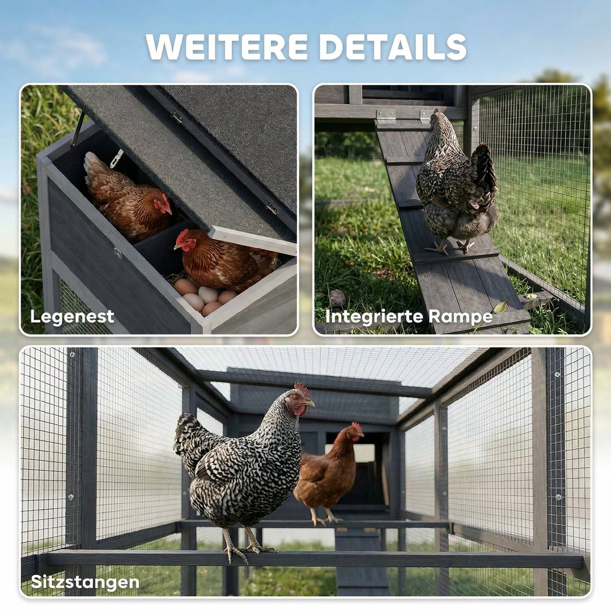 Sans Marque - Poulailler 3-4 poules, enclos, nichoir, toit asphalté, bâche Oxford, tiroir, 264x82x89 cm, Gris - Image 10