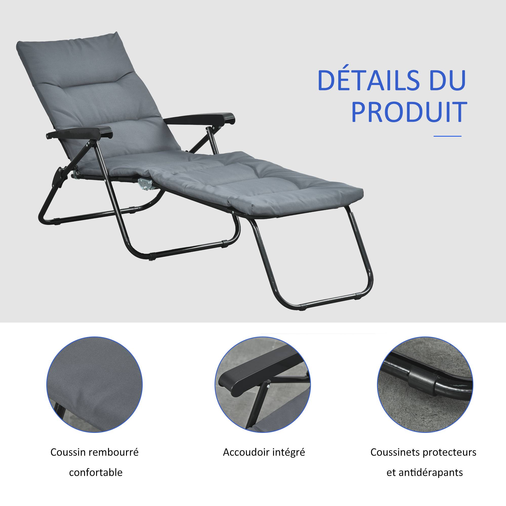 Chaise longue pliante inclinable 6 positions matelas accoudoirs acier polyester gris, transat 6 positions grand confort - Image 7