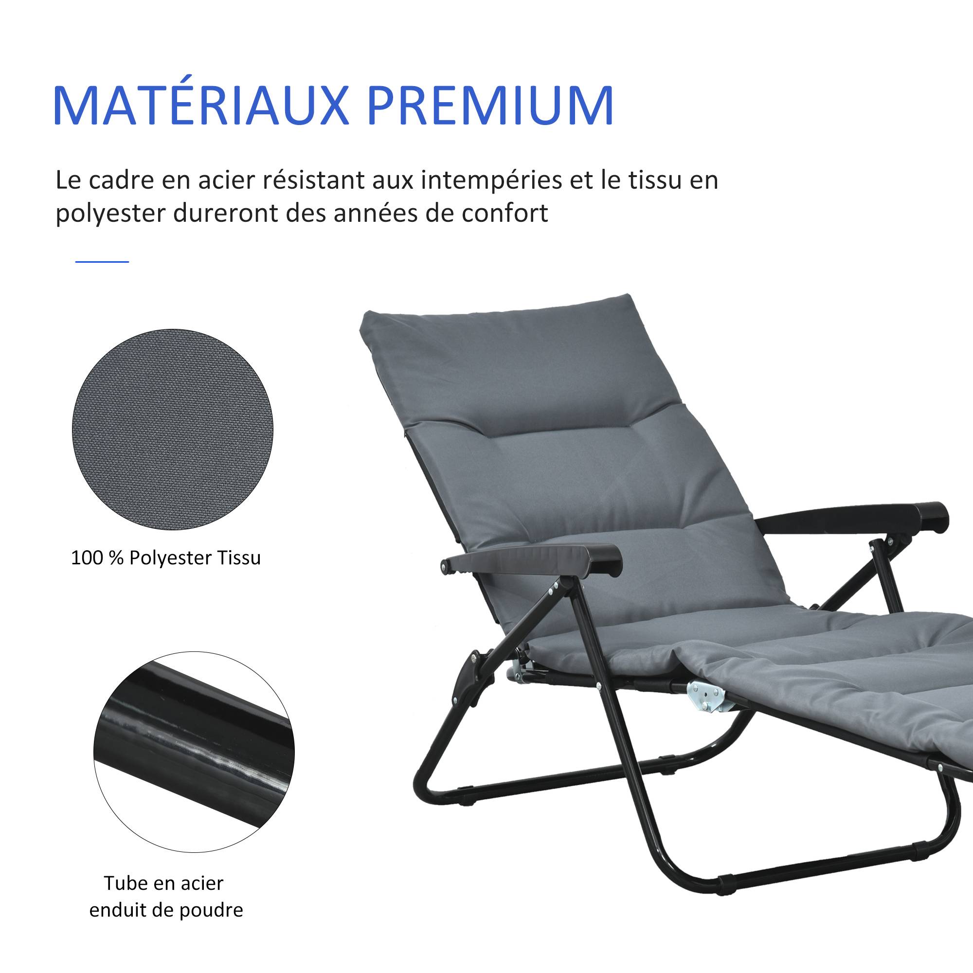 Chaise longue pliante inclinable 6 positions matelas accoudoirs acier polyester gris, transat 6 positions grand confort - Image 9