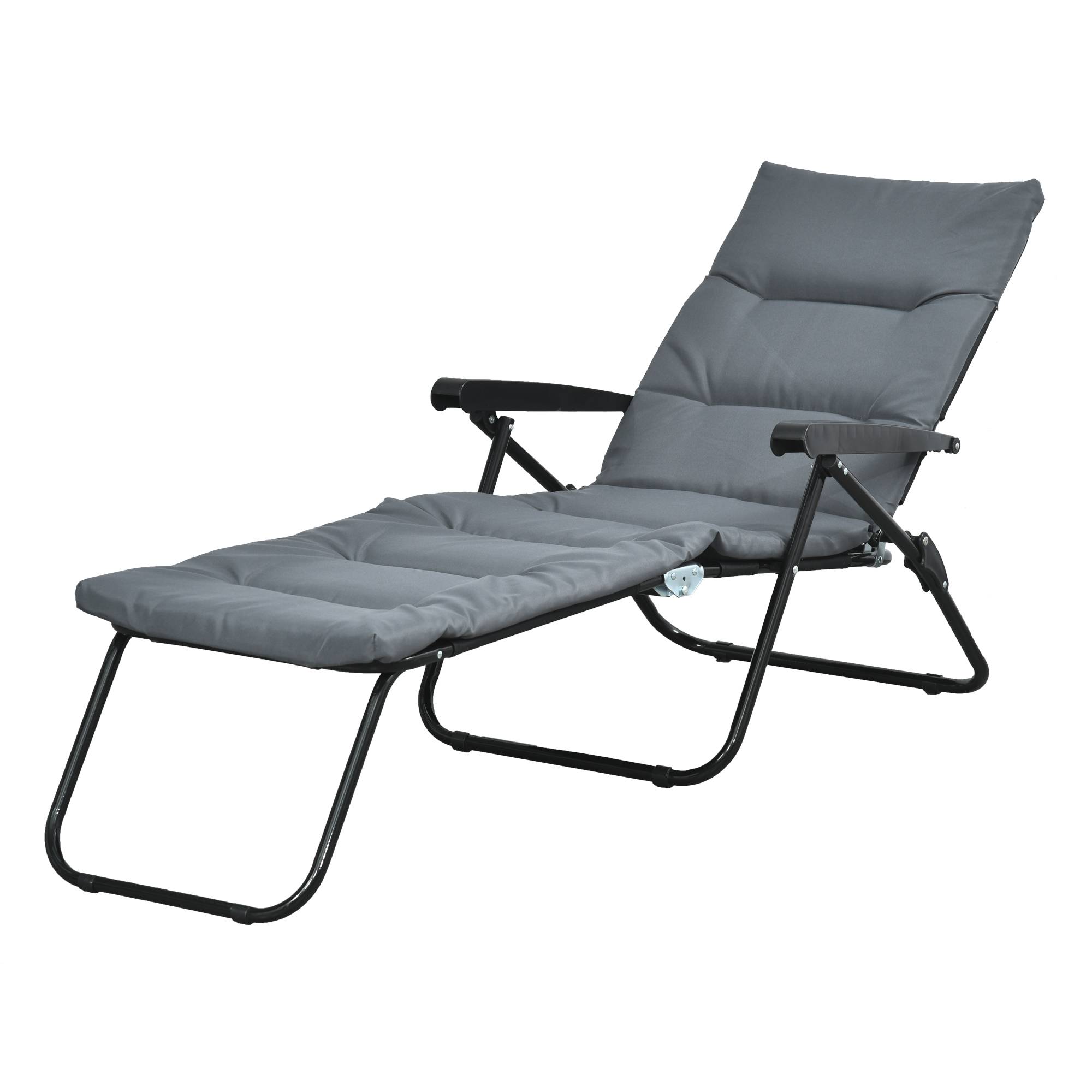 Chaise longue pliante inclinable 6 positions matelas accoudoirs acier polyester gris, transat 6 positions grand confort - Image 1