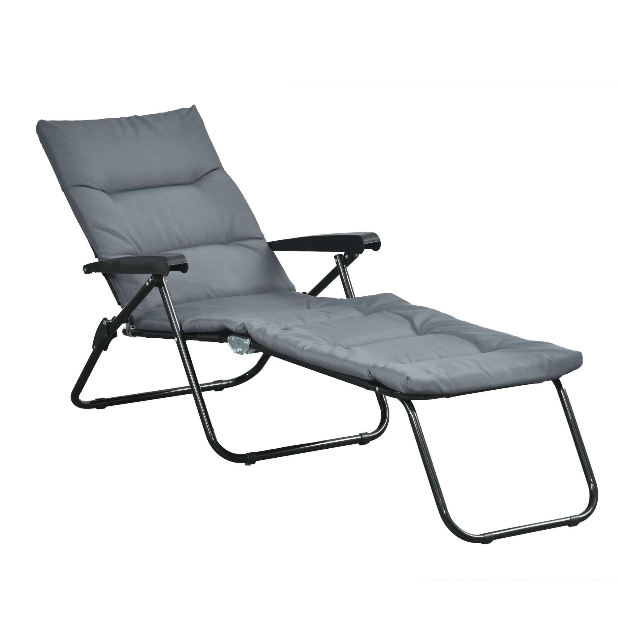 Chaise longue pliante inclinable 6 positions matelas accoudoirs acier polyester gris, transat 6 positions grand confort - Image 2