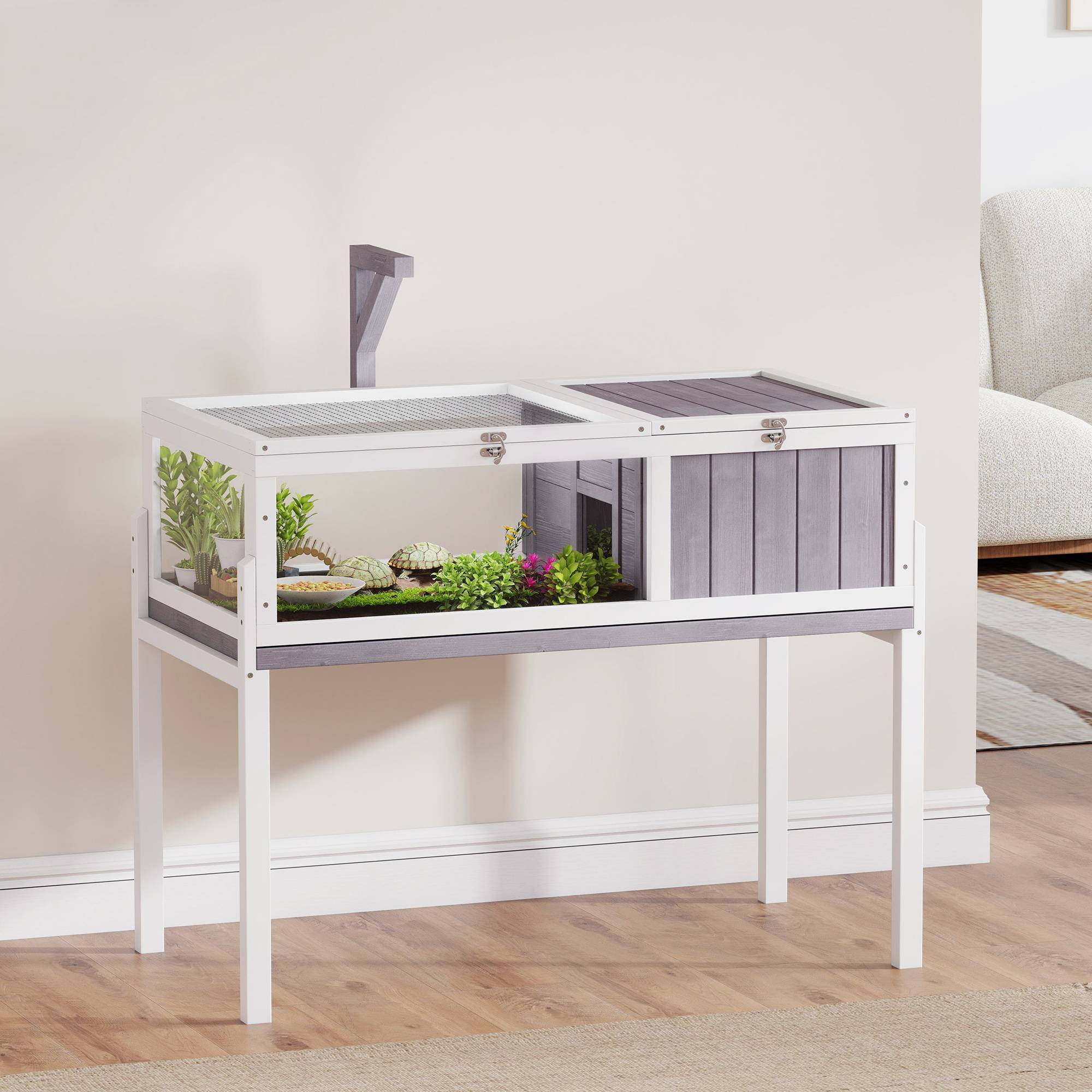 Maison Tortue Terre Bois Sapin Habitat Surélevé Nettoyage Facile 104x53x82cm Gris - ComfortXL Outdoor Living - Image 4