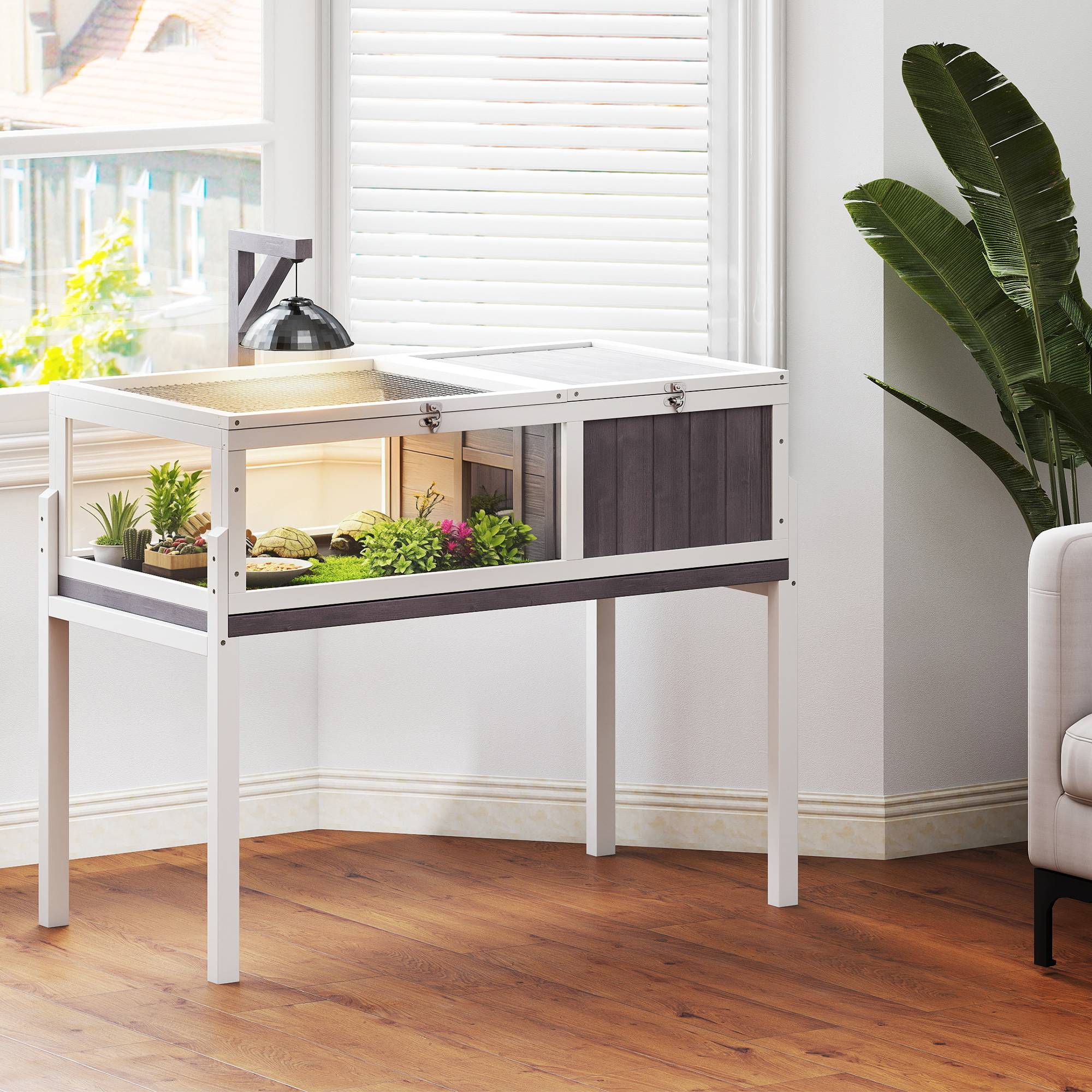 Maison Tortue Terre Bois Sapin Habitat Surélevé Nettoyage Facile 104x53x82cm Gris - ComfortXL Outdoor Living - Image 3