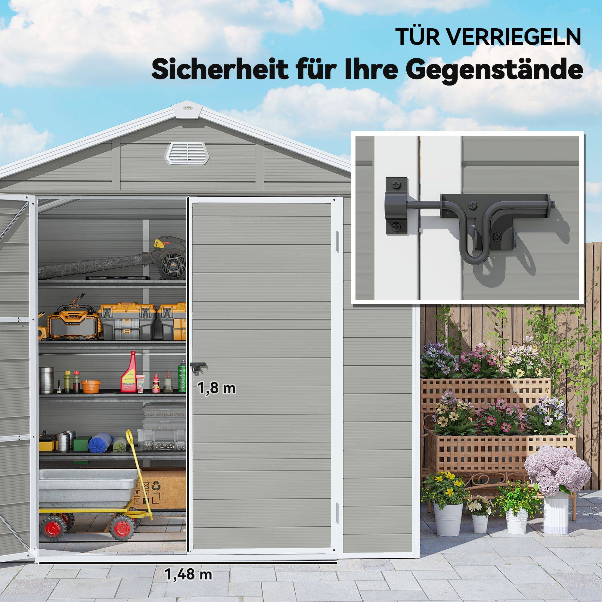 ComfortXL - Abri de jardin en plastique et aluminium 240 x 190 x 228 cm gris clair avec fondation rangement extérieur - Image 9