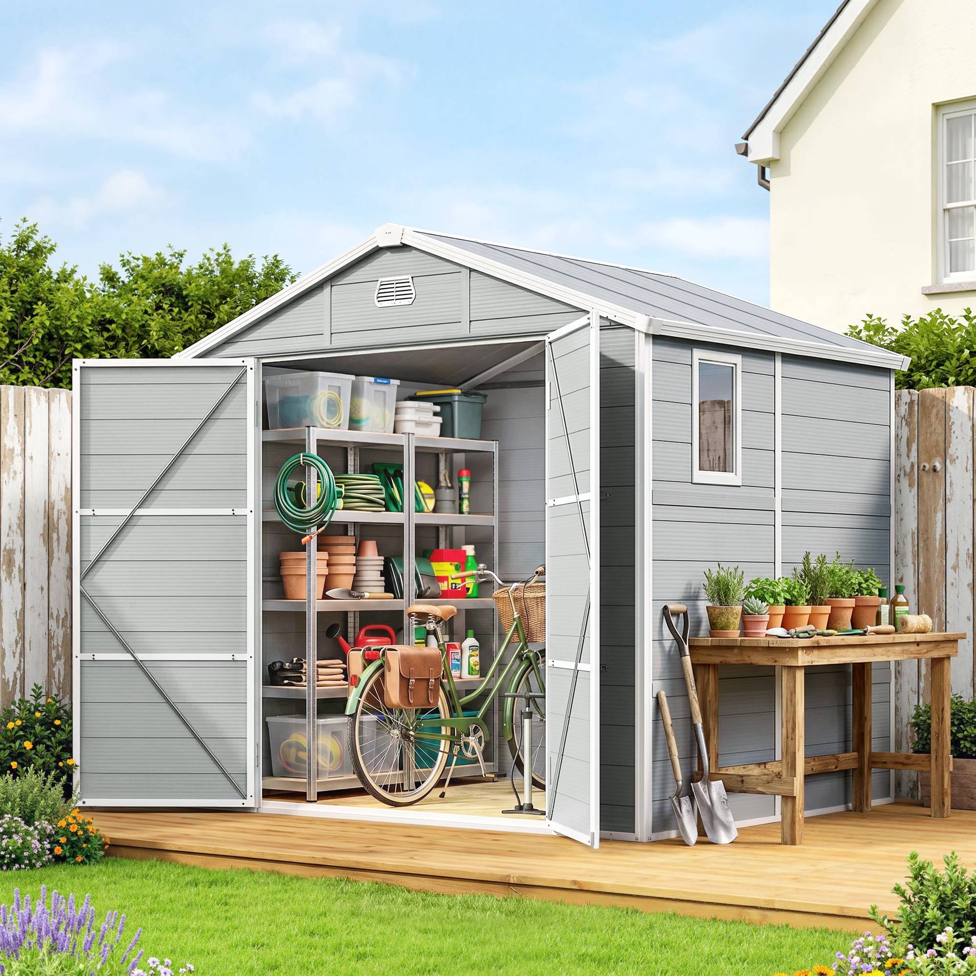 ComfortXL - Abri de jardin en plastique et aluminium 240 x 190 x 228 cm gris clair avec fondation rangement extérieur - Image 1
