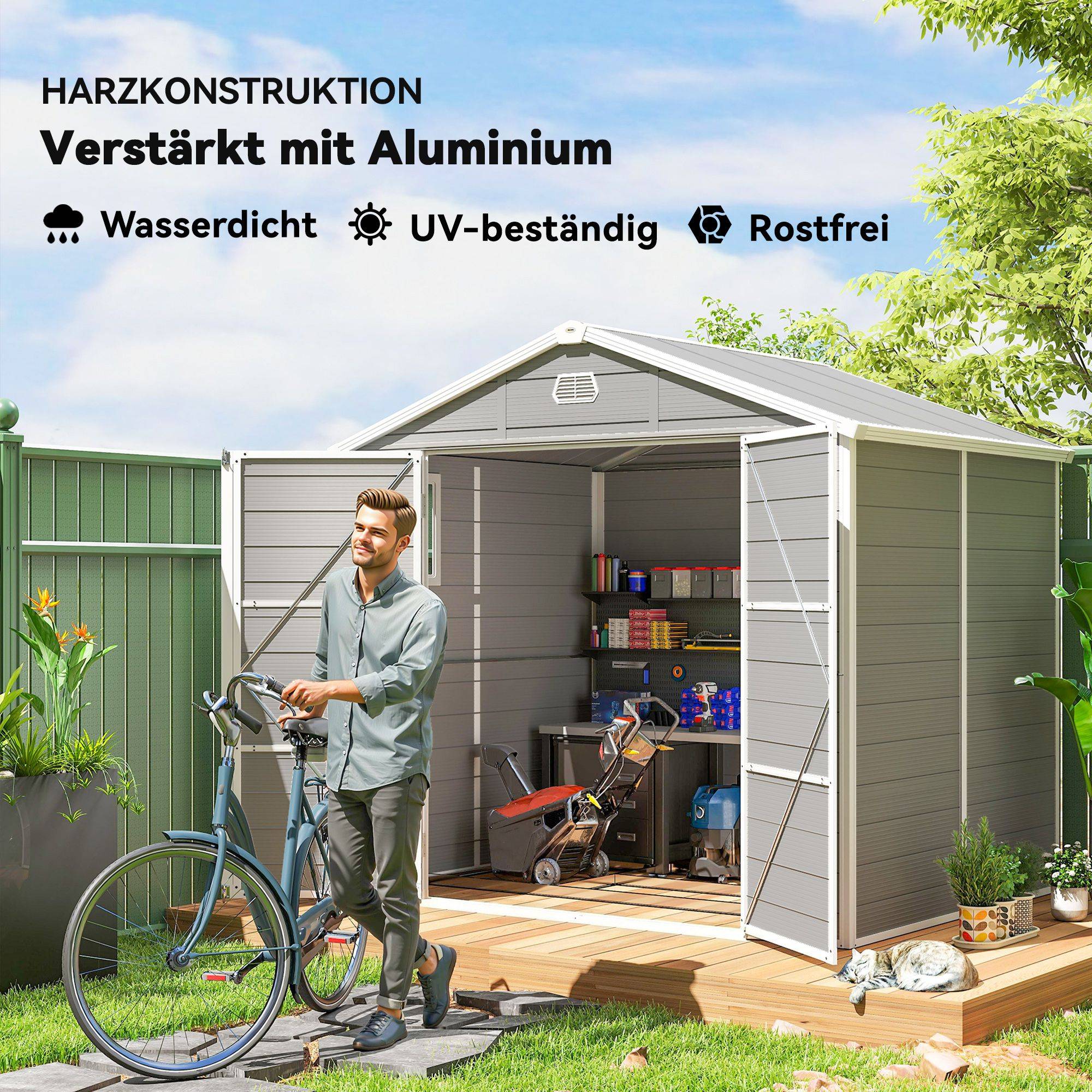 ComfortXL - Abri de jardin en plastique et aluminium 240 x 190 x 228 cm gris clair avec fondation rangement extérieur - Image 6