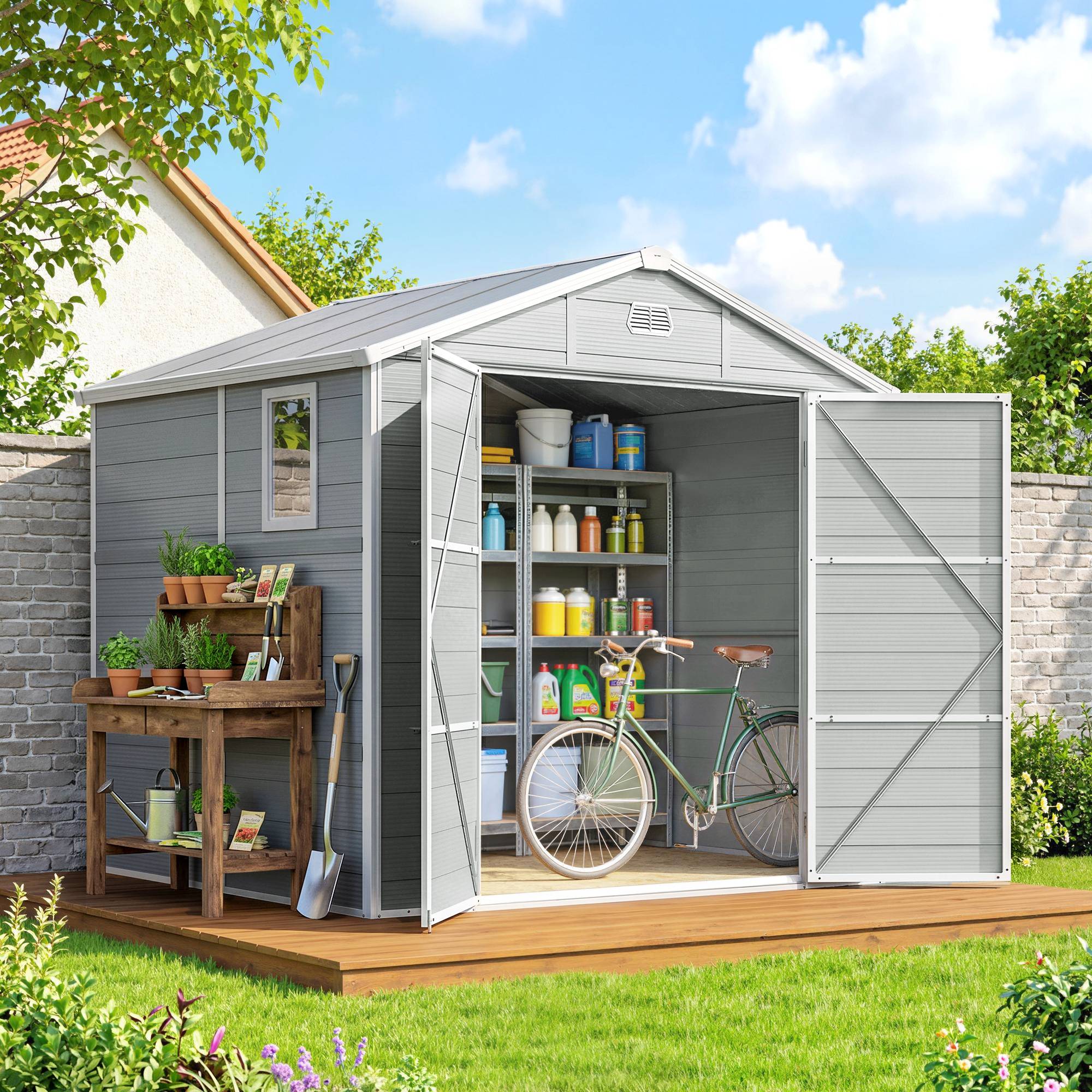 ComfortXL - Abri de jardin en plastique et aluminium 240 x 190 x 228 cm gris clair avec fondation rangement extérieur - Image 3