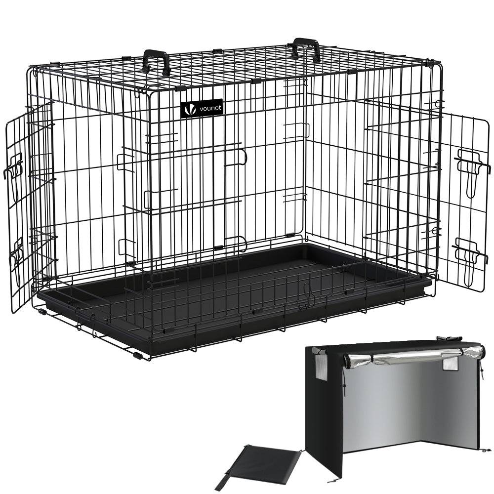 Vounot - Cage pour chien pliable avec 2 portes verrouillable plateau amovible et housse de protection 92x58x64cm - Image 1