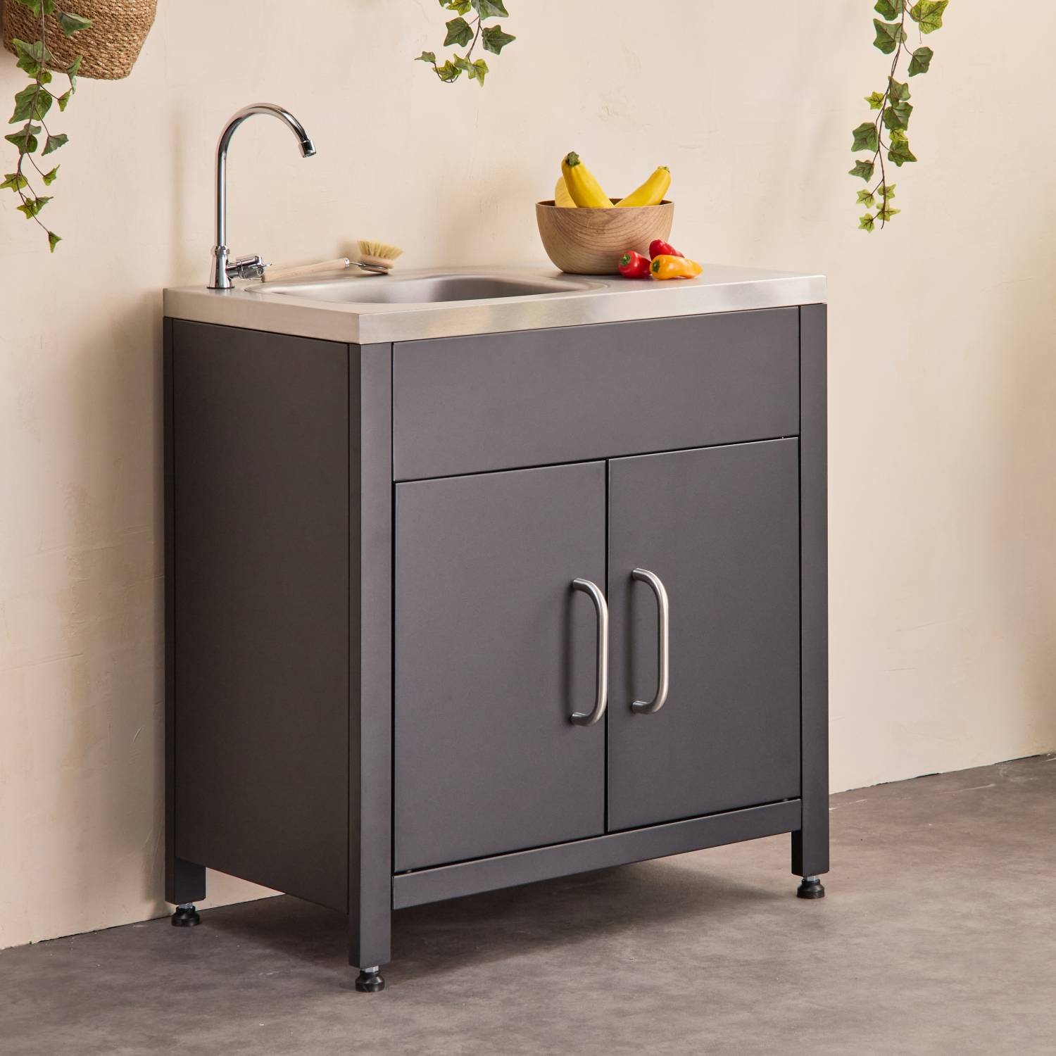 Meuble de cuisine extérieure en acier avec évier L80cm | sweeek - Image 1