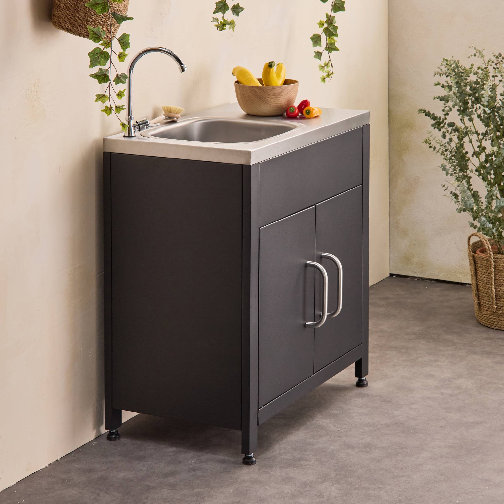 Meuble de cuisine extérieure en acier avec évier L80cm | sweeek - Image 3