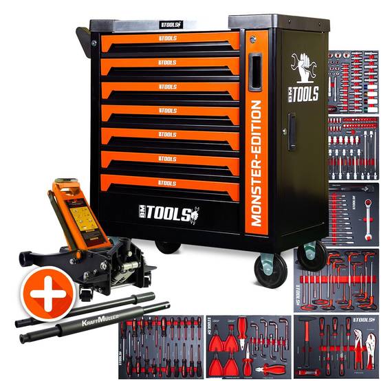 Servante d'atelier BM TOOLS 9/7 MONSTER-EDITION-ORANGE 7 tiroirs pleins 257 outils + Cric hydraulique Kraft Muller 2,25T ORANGE - Image 1
