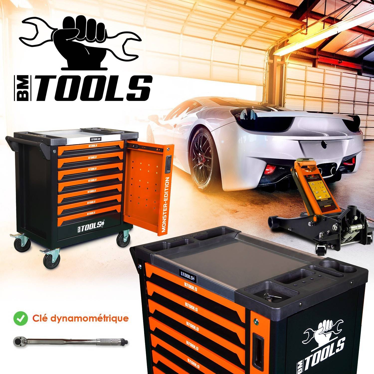 Servante d'atelier BM TOOLS 9/7 MONSTER-EDITION-ORANGE 7 tiroirs pleins 257 outils + Cric hydraulique Kraft Muller 2,25T ORANGE - Image 3