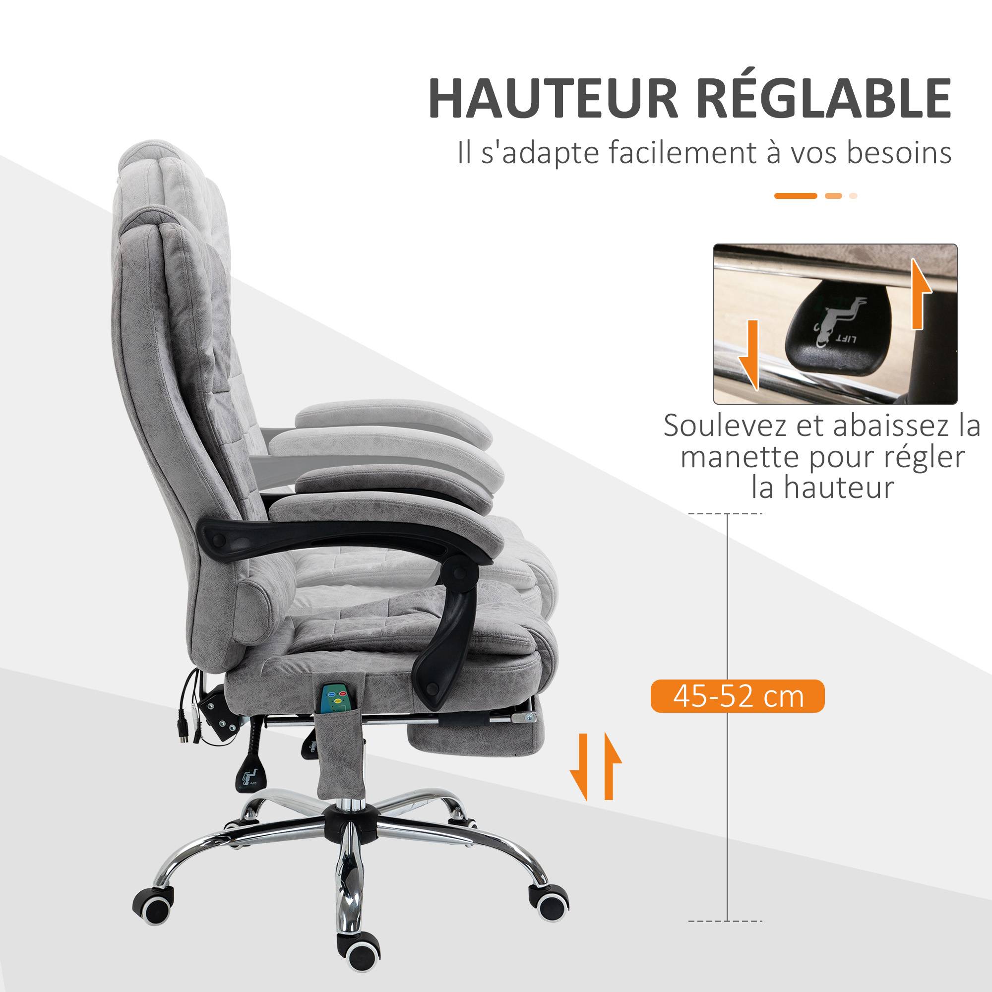 Sans Marque - Fauteuil de bureau direction massant chauffant hauteur réglable dossier inclinable toile de microfibre gris - Image 8