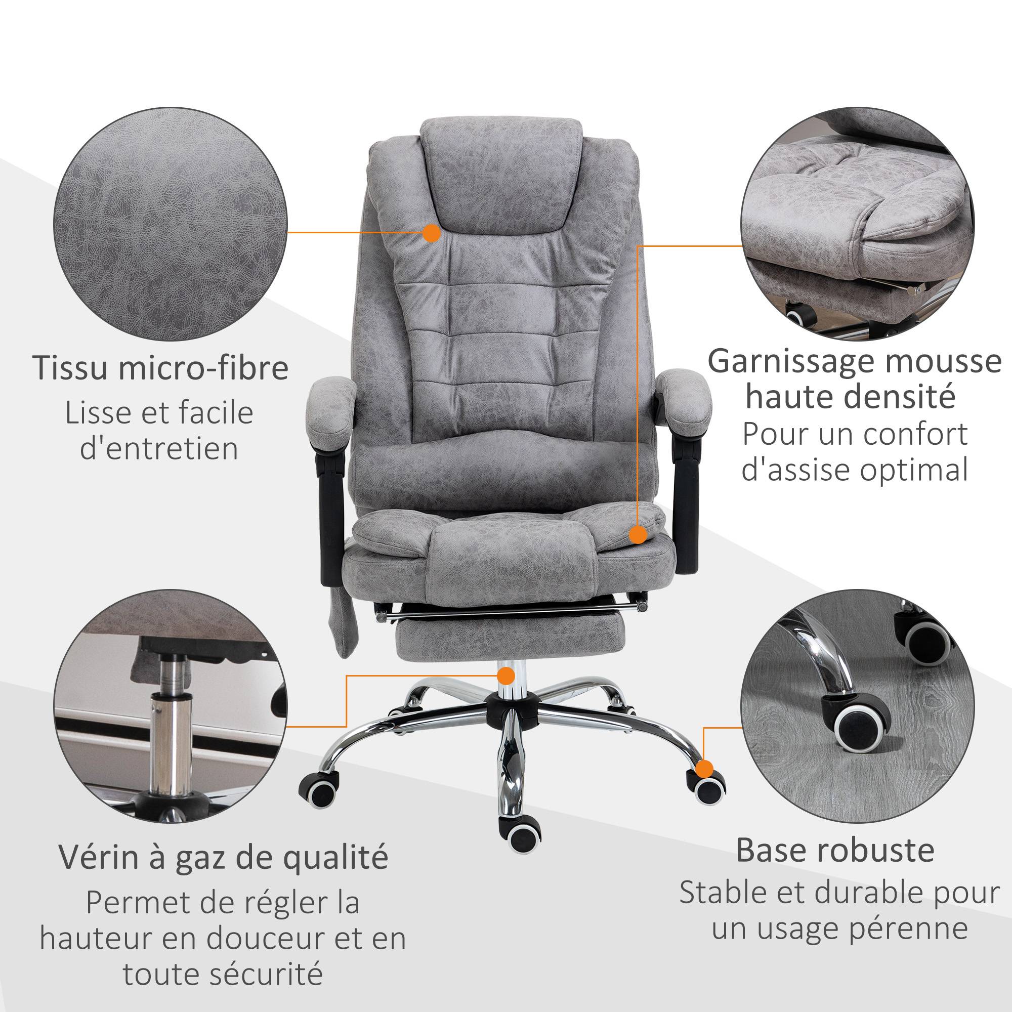 Sans Marque - Fauteuil de bureau direction massant chauffant hauteur réglable dossier inclinable toile de microfibre gris - Image 10