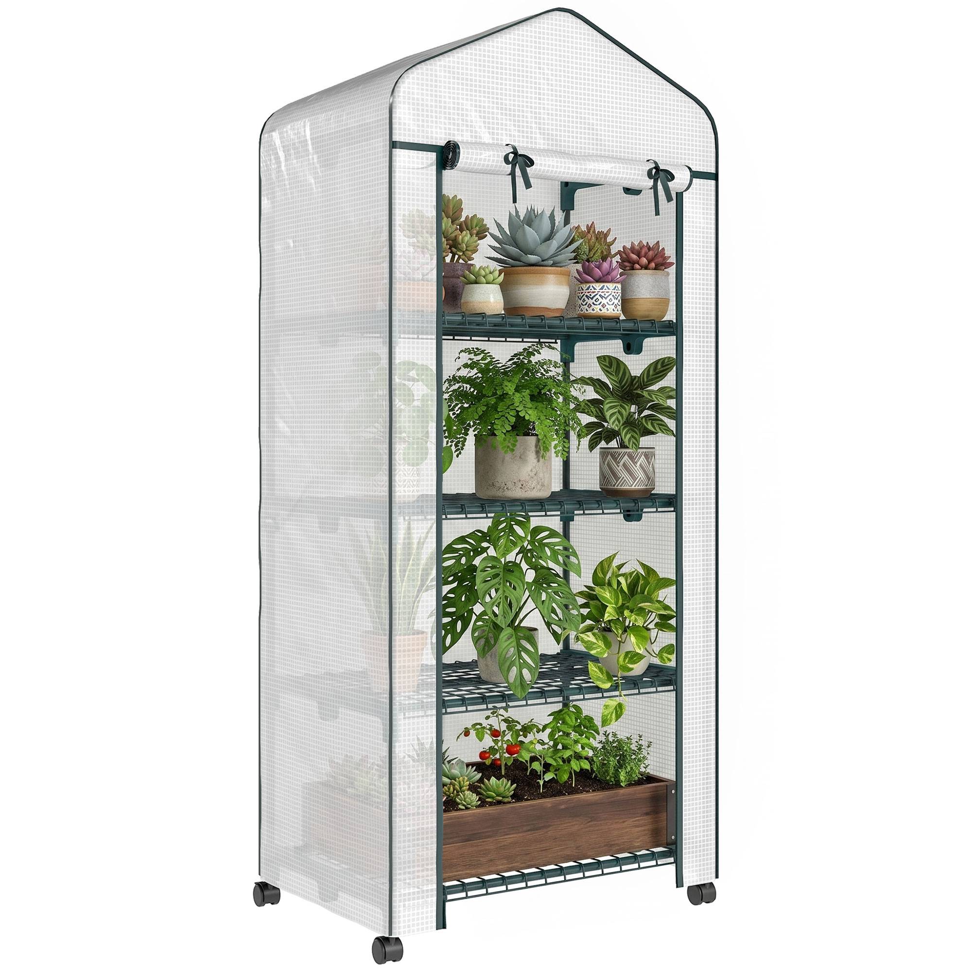 Serre en film plastique, mini-serre, abri pour plantes, couche froide, 4 compartiments d'étagères, 69 × 50 × 165 cm, blanc - Image 1