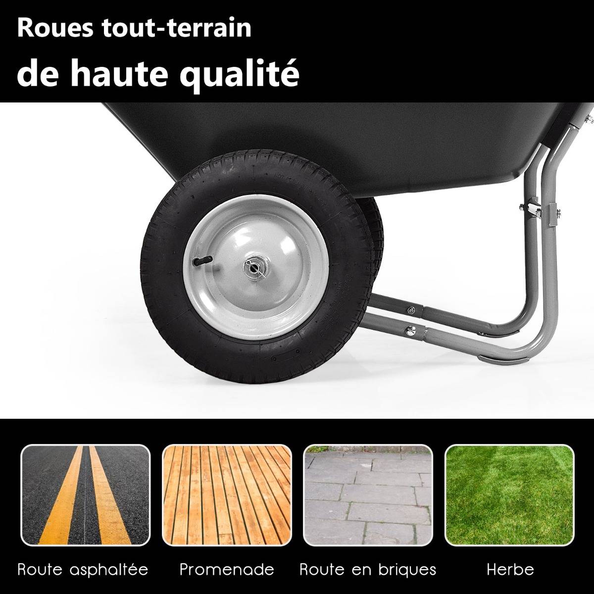 Brouette de Jardin 2 Roues Brouette de Jardin Résistante en Fer avec Pneus Ø35cm Charge Max 100KG pour Jardinage/Maçonnerie Noir - Image 5