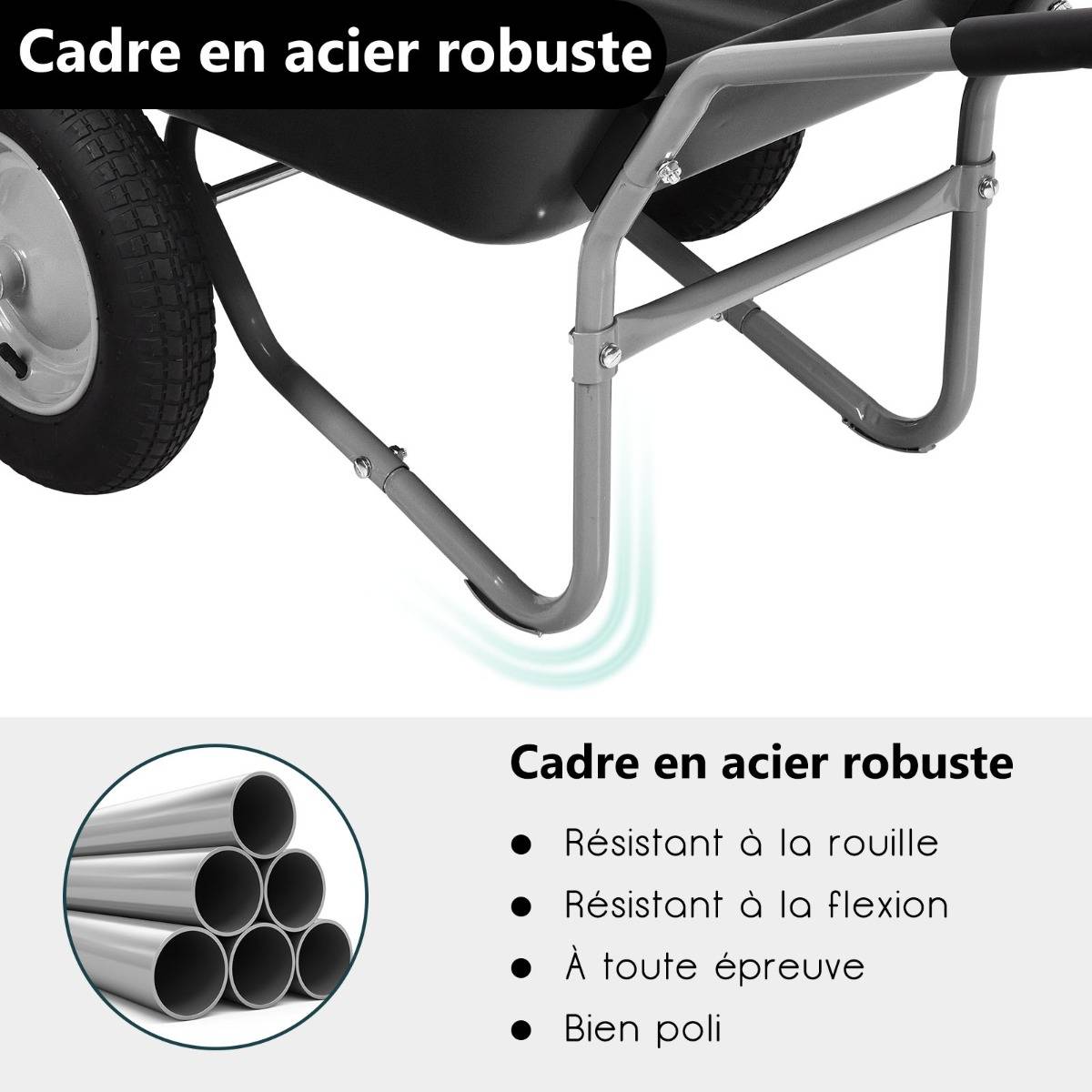 Brouette de Jardin 2 Roues Brouette de Jardin Résistante en Fer avec Pneus Ø35cm Charge Max 100KG pour Jardinage/Maçonnerie Noir - Image 9