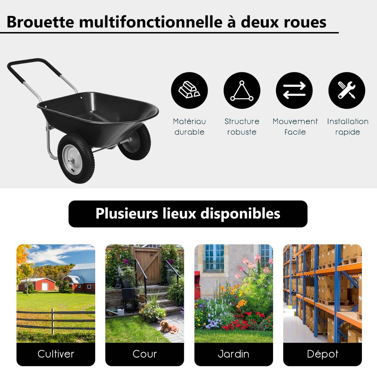 Brouette de Jardin 2 Roues Brouette de Jardin Résistante en Fer avec Pneus Ø35cm Charge Max 100KG pour Jardinage/Maçonnerie Noir - Image 6