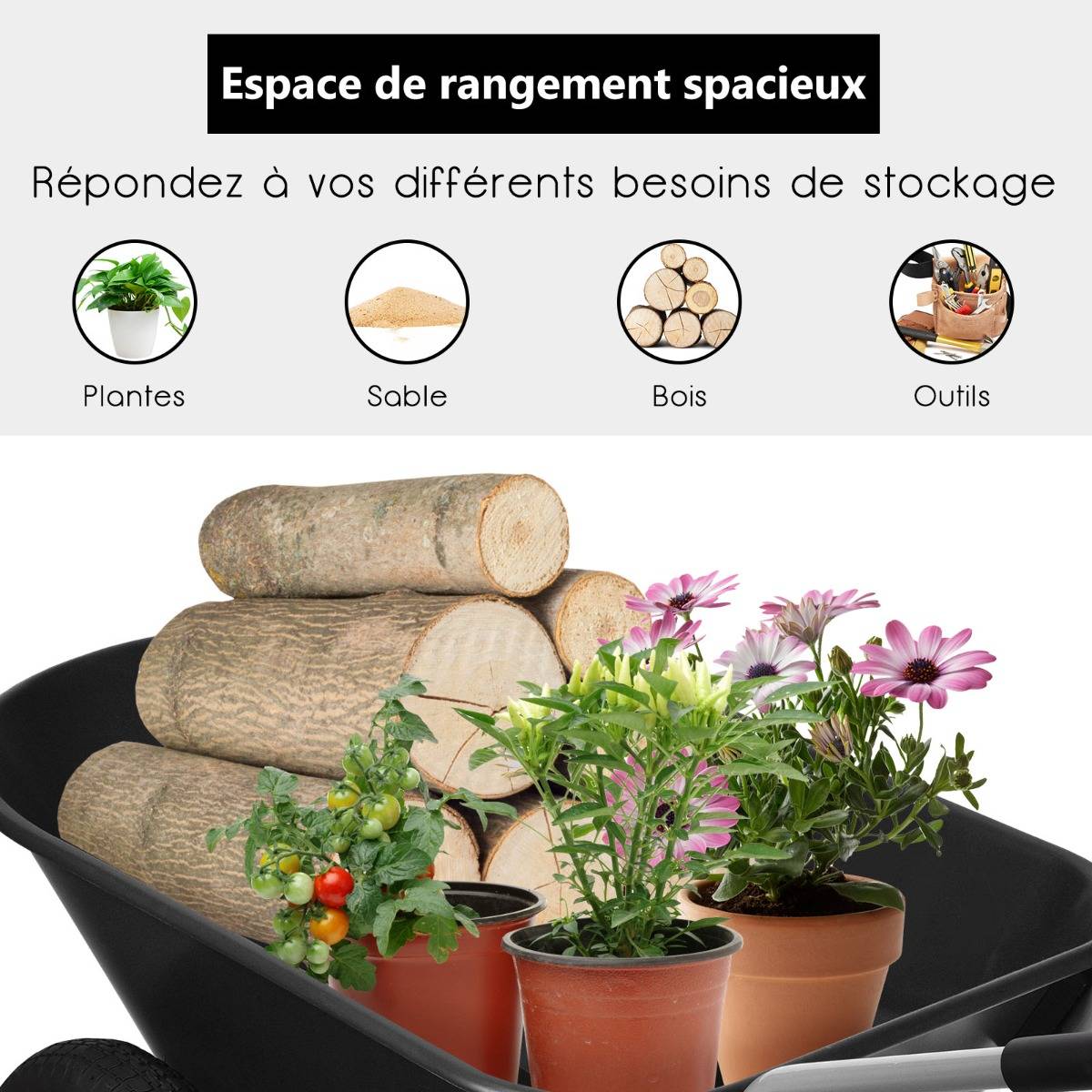 Brouette de Jardin 2 Roues Brouette de Jardin Résistante en Fer avec Pneus Ø35cm Charge Max 100KG pour Jardinage/Maçonnerie Noir - Image 8