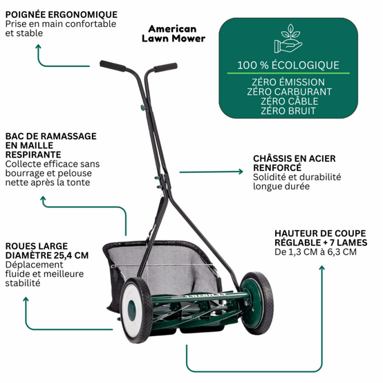 Tondeuse Hélicoïdale Manuelle 7 Lames de 40,6 cm avec Bac de Ramassage | Tondeuse Manuelle Coupe Hélicoïdale Sans Électricité - VENTEO - Image 2