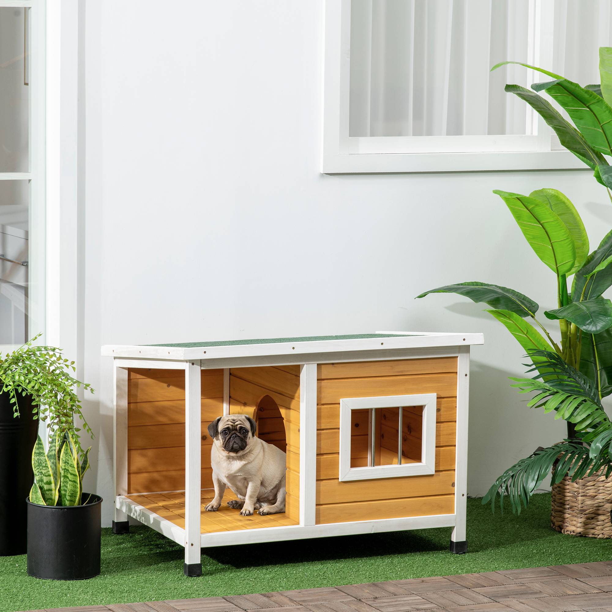 Sans Marque - Niche pour chien extérieur maison chien intérieur en bois avec toit ouvrant et fenêtre 85,5L x 62l x 60H cm orange - Image 3