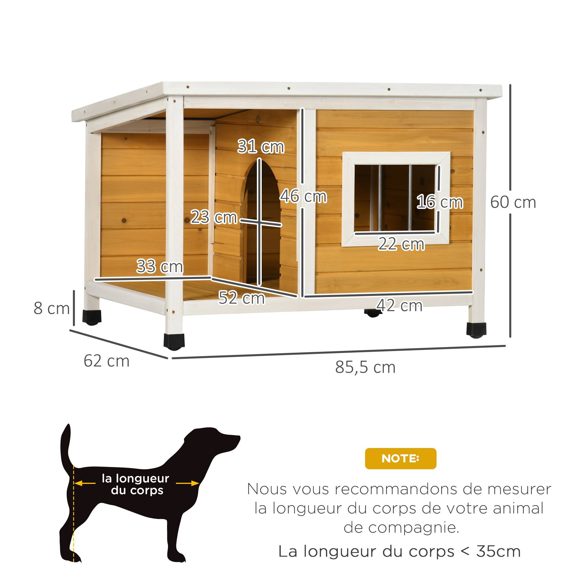 Sans Marque - Niche pour chien extérieur maison chien intérieur en bois avec toit ouvrant et fenêtre 85,5L x 62l x 60H cm orange - Image 5