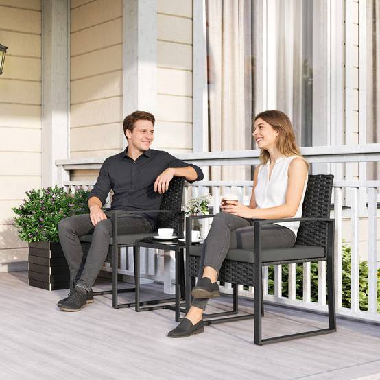 Outsunny - Salon de jardin extérieur 2 personnes - table de jardin et 2 chaises - plateau en verre trempé - résine tressée - noir - Outsunny - Image 2