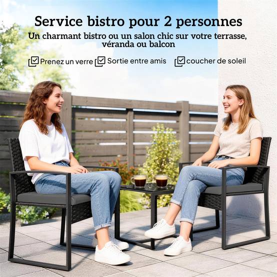 Outsunny - Salon de jardin extérieur 2 personnes - table de jardin et 2 chaises - plateau en verre trempé - résine tressée - noir - Outsunny - Image 7