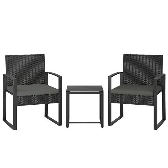 Outsunny - Salon de jardin extérieur 2 personnes - table de jardin et 2 chaises - plateau en verre trempé - résine tressée - noir - Outsunny - Image 1