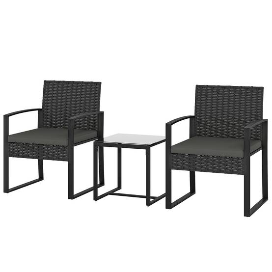 Outsunny - Salon de jardin extérieur 2 personnes - table de jardin et 2 chaises - plateau en verre trempé - résine tressée - noir - Outsunny - Image 5