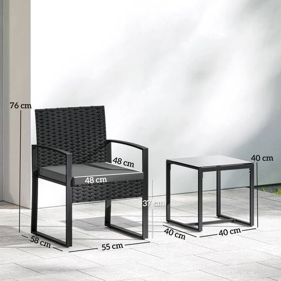 Outsunny - Salon de jardin extérieur 2 personnes - table de jardin et 2 chaises - plateau en verre trempé - résine tressée - noir - Outsunny - Image 3