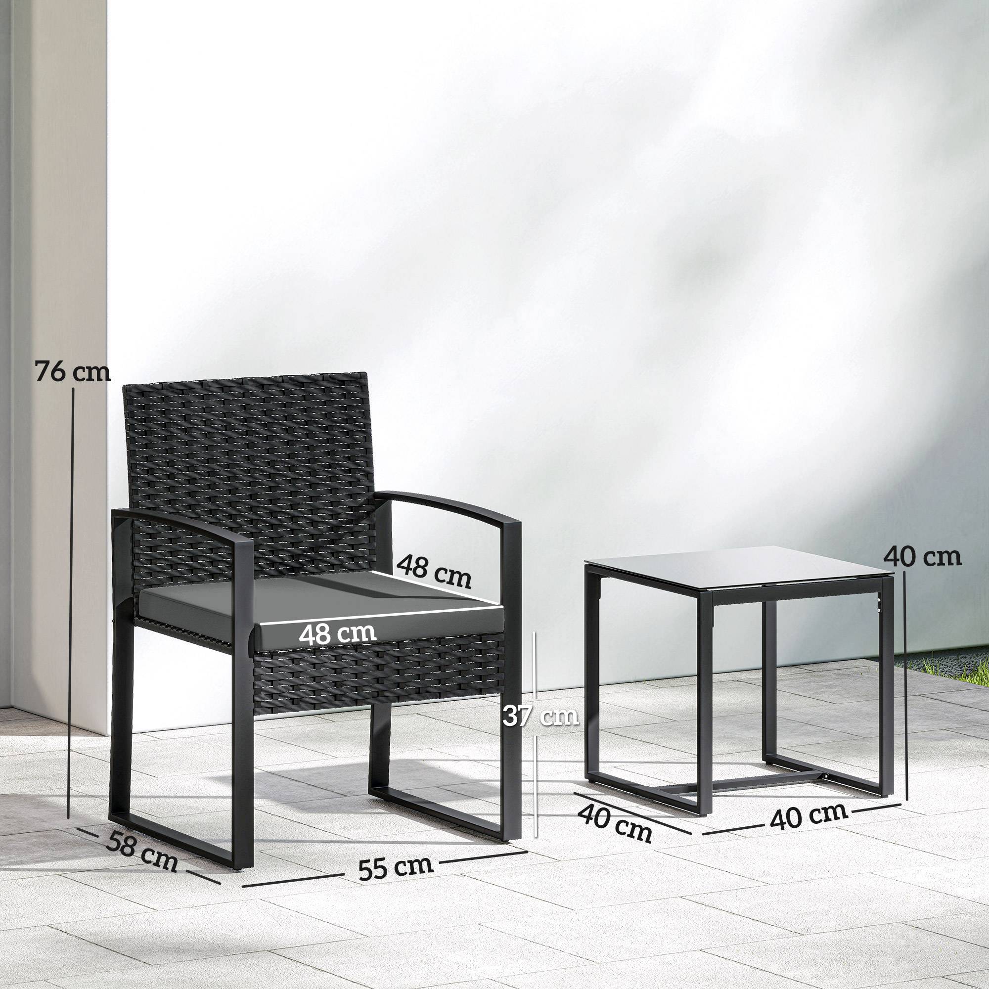 Outsunny - Salon de jardin extérieur 2 personnes - table de jardin et 2 chaises - plateau en verre trempé - résine tressée - noir - Outsunny - Image 3