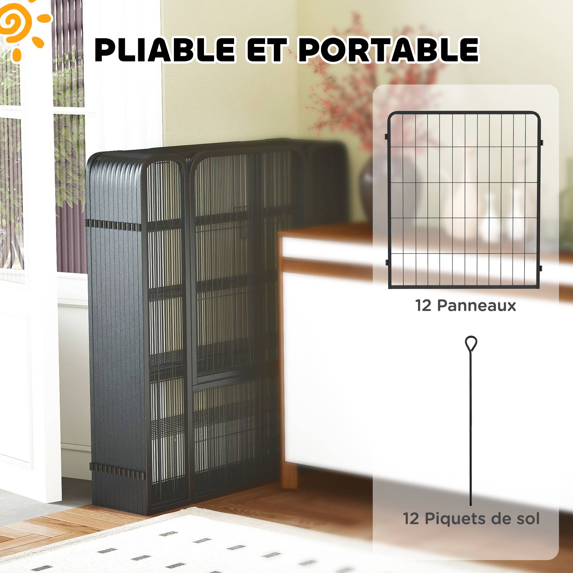 Parc pour chien acier intérieur et extérieur 12 panneaux modulables 204x204x80cm noir - ComfortXL Outdoor Living - Image 8