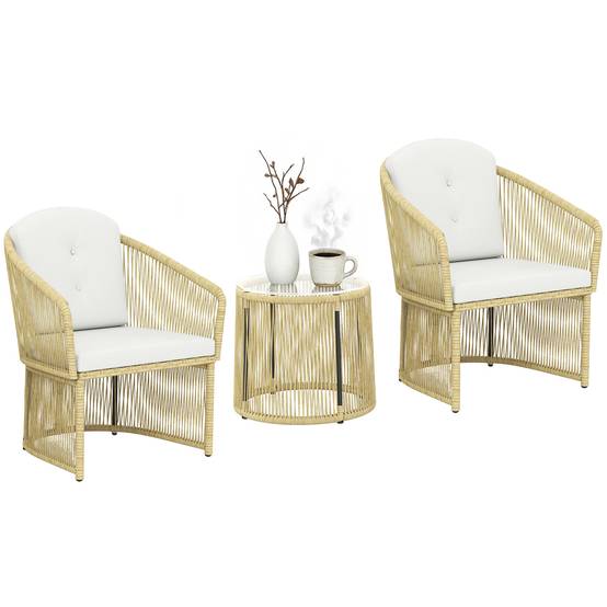 Salon de jardin extérieur en résine tressée 2 personnes, table de jardin avec 2 chaises, plateau en verre trempé, noir - Image 1