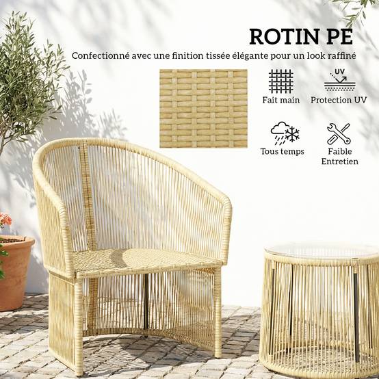 Salon de jardin extérieur en résine tressée 2 personnes, table de jardin avec 2 chaises, plateau en verre trempé, noir - Image 7
