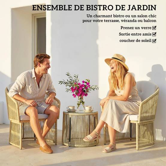 Salon de jardin extérieur en résine tressée 2 personnes, table de jardin avec 2 chaises, plateau en verre trempé, noir - Image 6