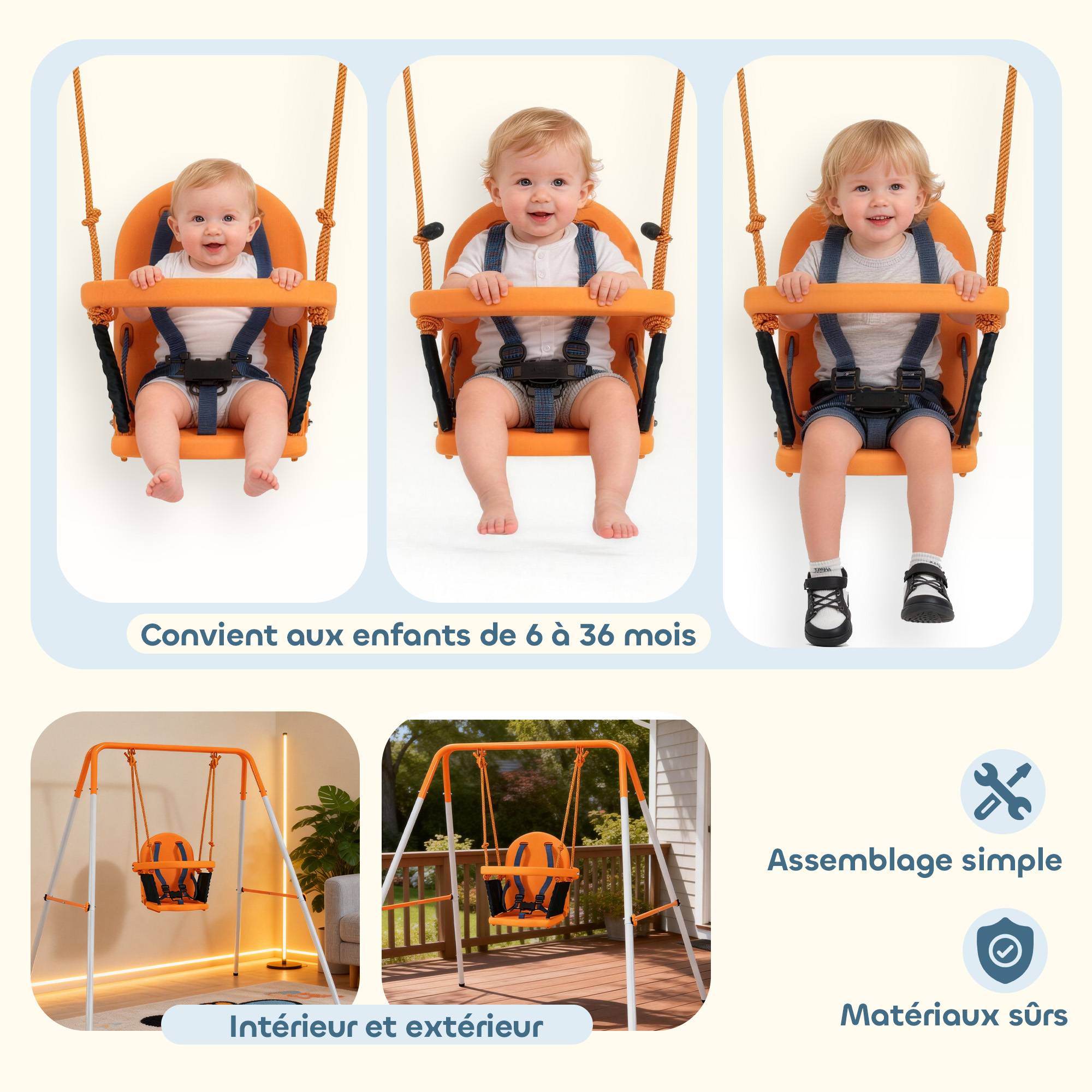 Balançoire portique pour enfants 6 à 36 mois, charge max 25 kg, cadre acier, hauteur 122 cm, orange, modèle sécurisé pour bébés - Image 4