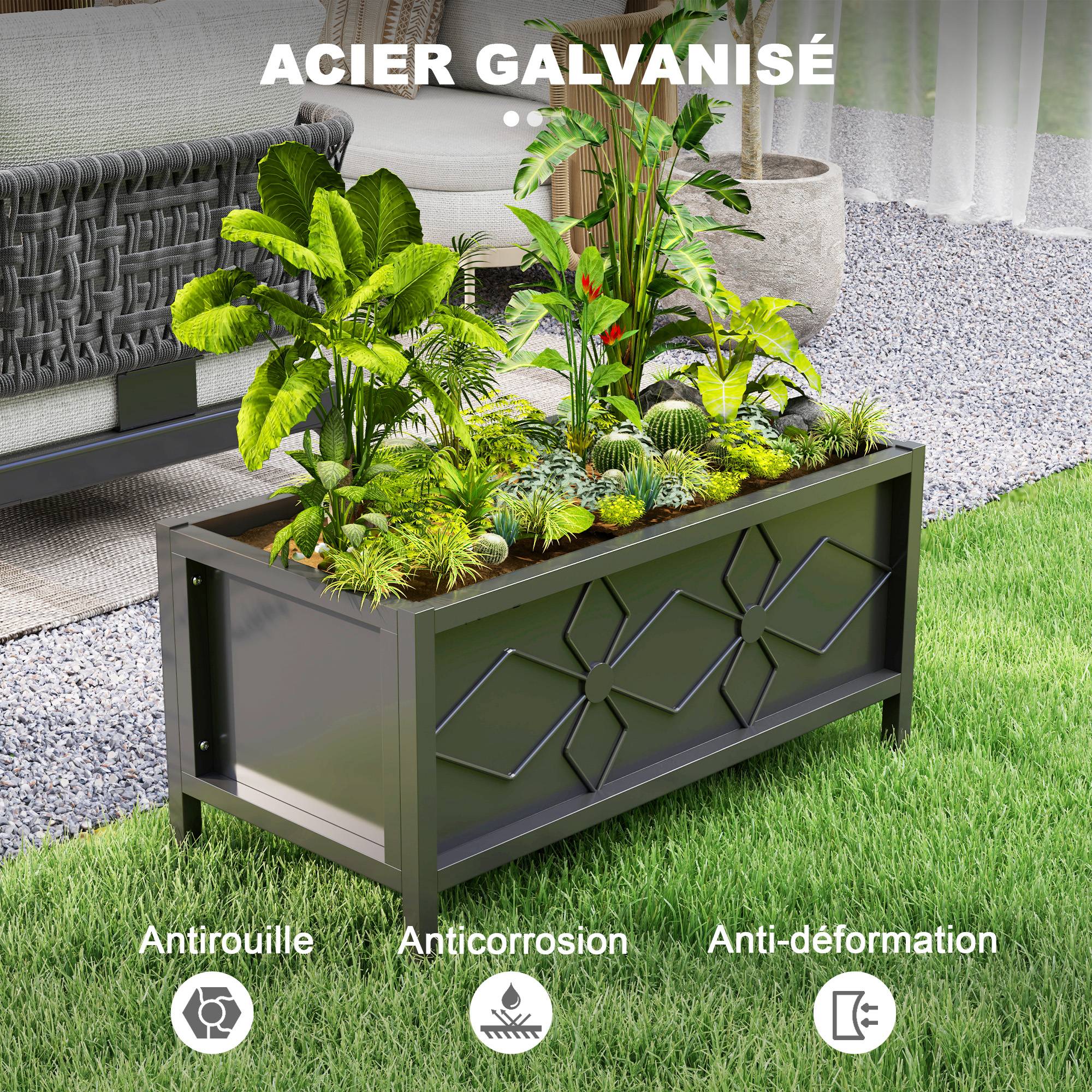 Jardinière extérieure jardinière surélevée galvanisée avec bordure de sécurité rectangulaire 80 x 40 x 38 cm noir - Image 8