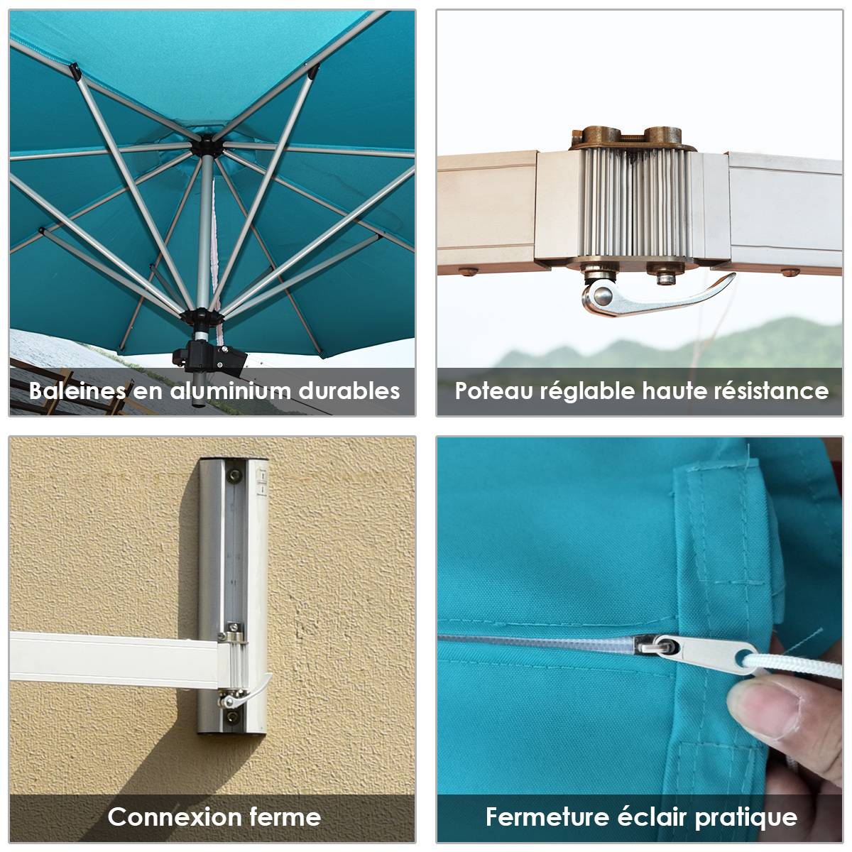 Maison Chic - Parasol en Porte-à-faux Mural de 247cm Parasol avec Mât Réglable Parasol Inclinable avec Évent - Image 6