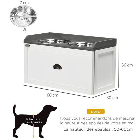 Porte-gamelles surélevé MDF acier blancs gris 60 x 30 x 36 cm - PANGIVO - Image 5