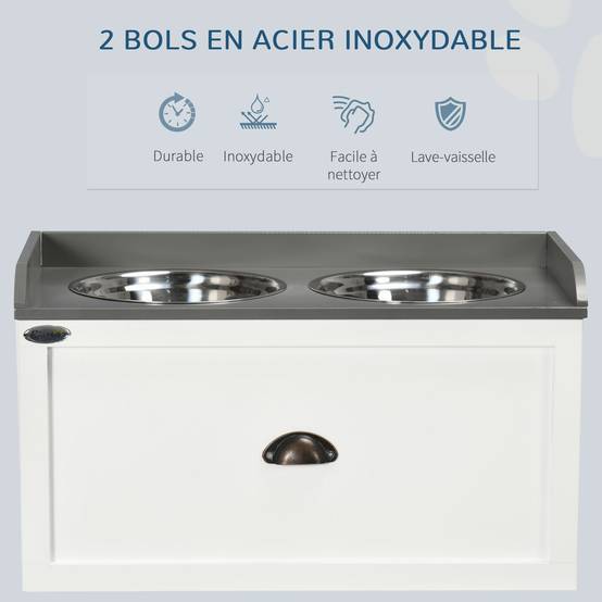 Porte-gamelles surélevé MDF acier blancs gris 60 x 30 x 36 cm - PANGIVO - Image 8