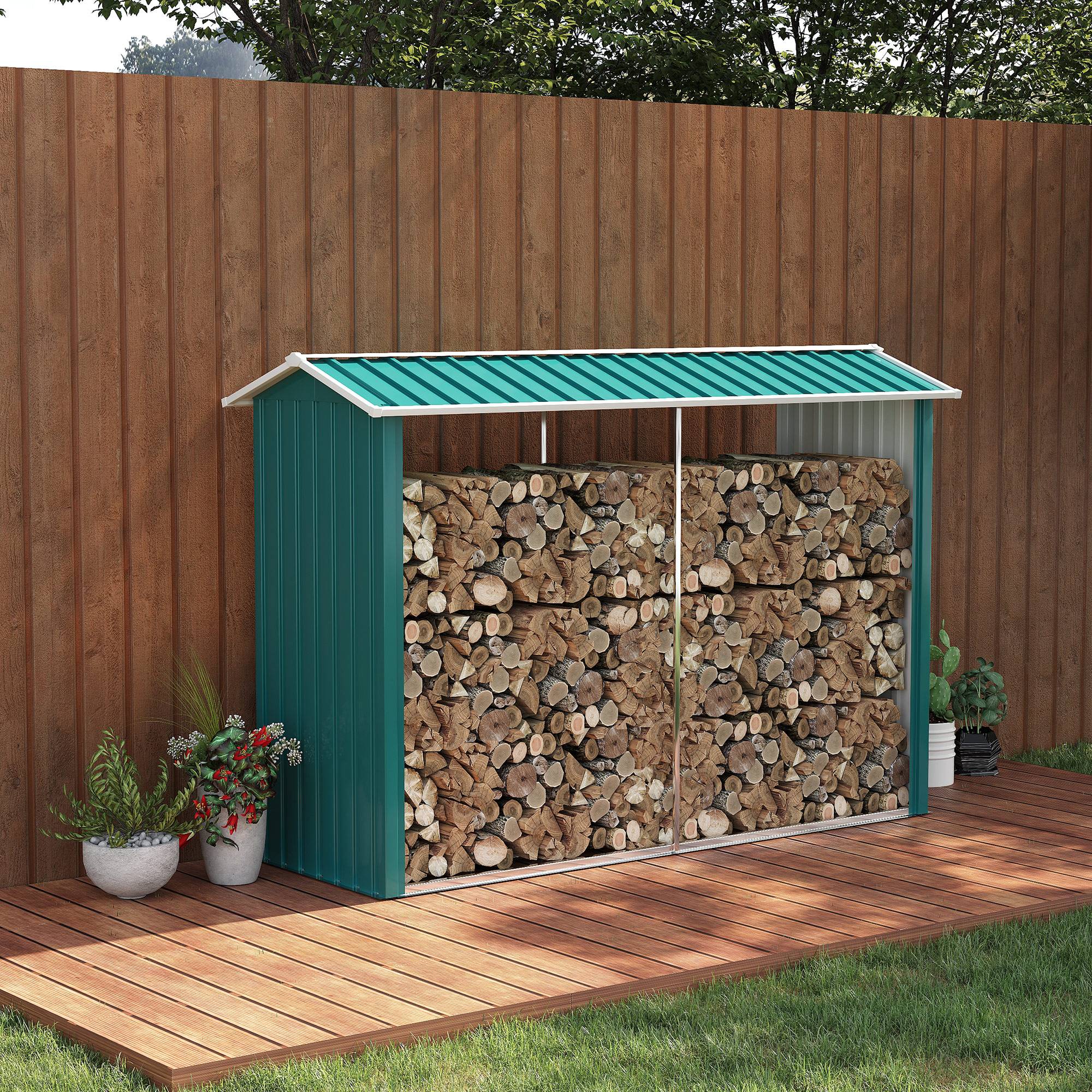 Abri à bois avec structure en acier galvanisé et base surélevée, 240 x 86 x 160 cm, vert - Image 3