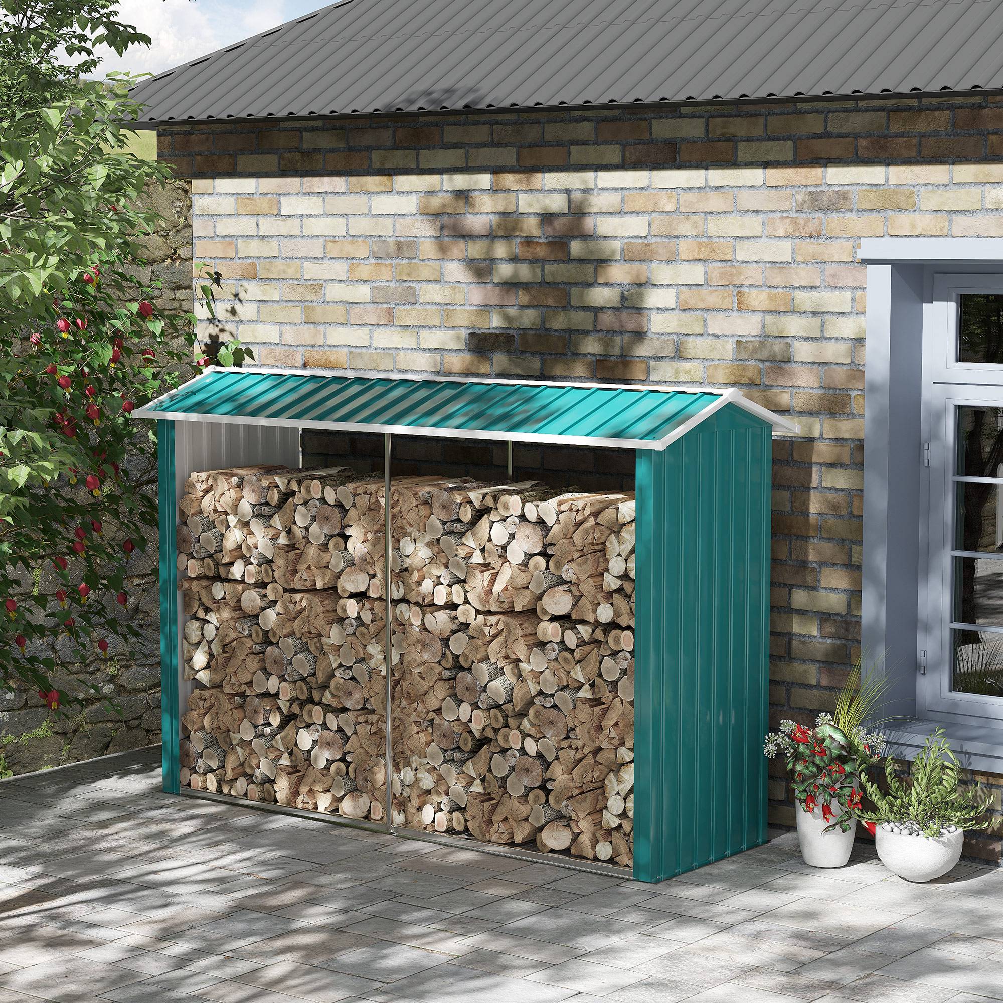 Abri à bois avec structure en acier galvanisé et base surélevée, 240 x 86 x 160 cm, vert - Image 4