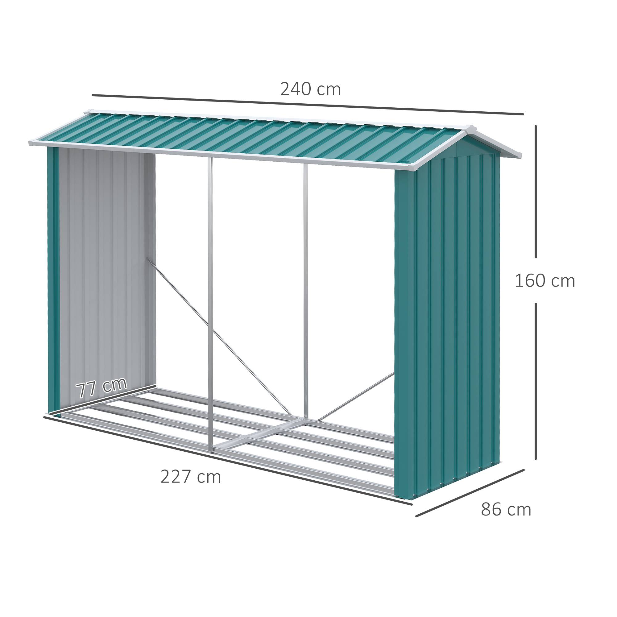 Abri à bois avec structure en acier galvanisé et base surélevée, 240 x 86 x 160 cm, vert - Image 5