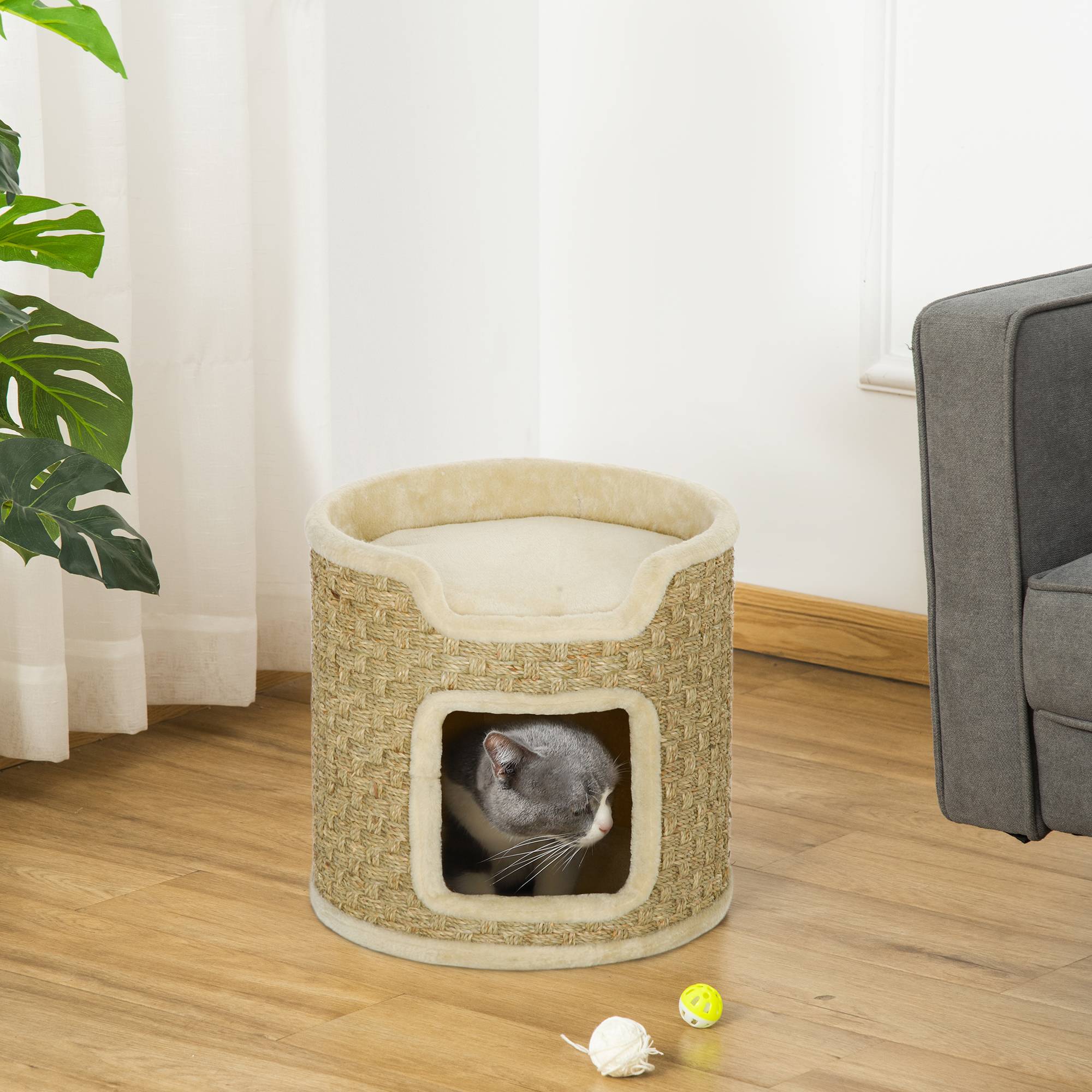 Sans Marque - Barril Rascador para Gatos Hauteur 37 cm Torre para Gatos con Cueva y Cama Superior Cubierto de Sisal Kaki - Image 4