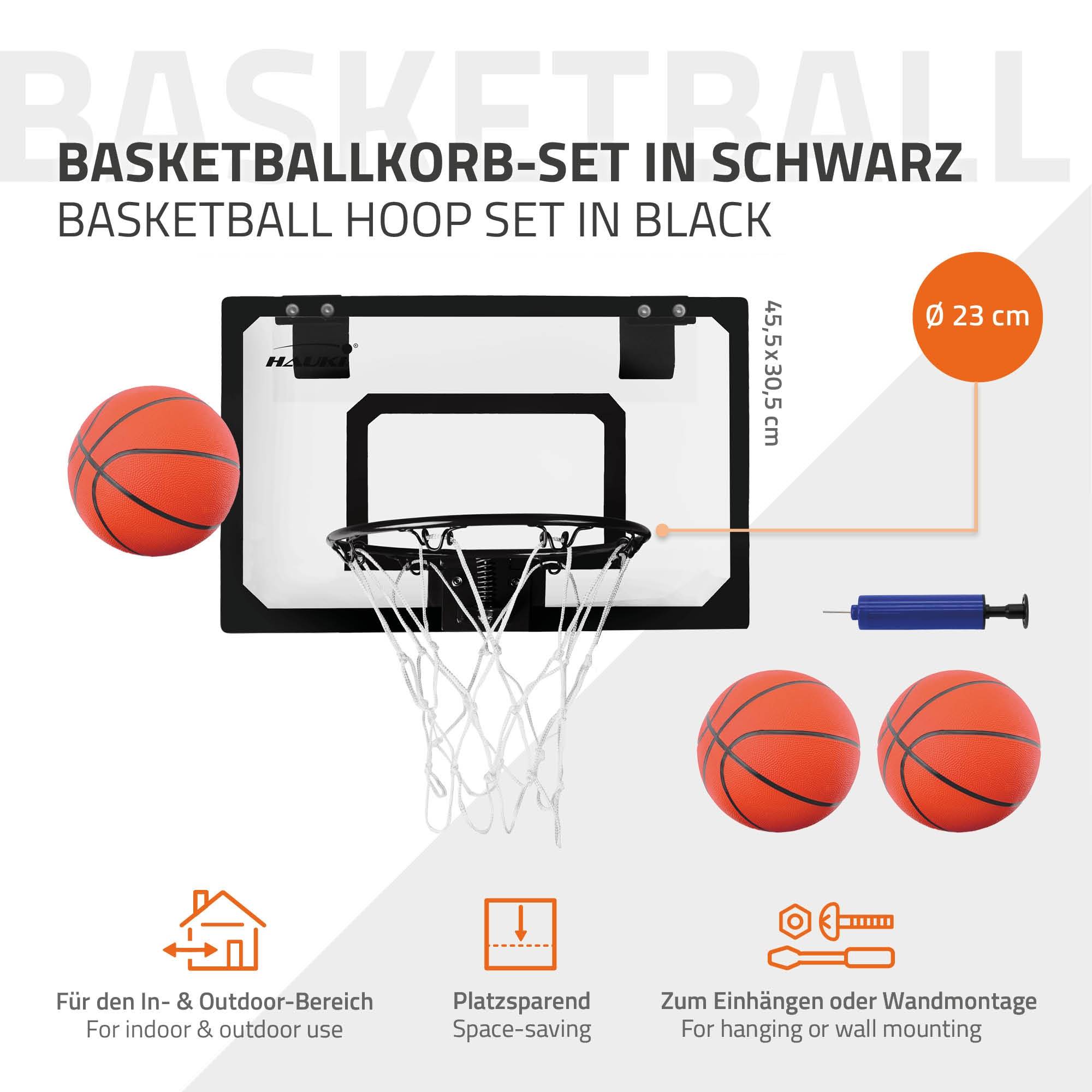 Set panier de basket noir 45,5x30 cm 3 ballons pompe à balles panneau et anneau - Image 2
