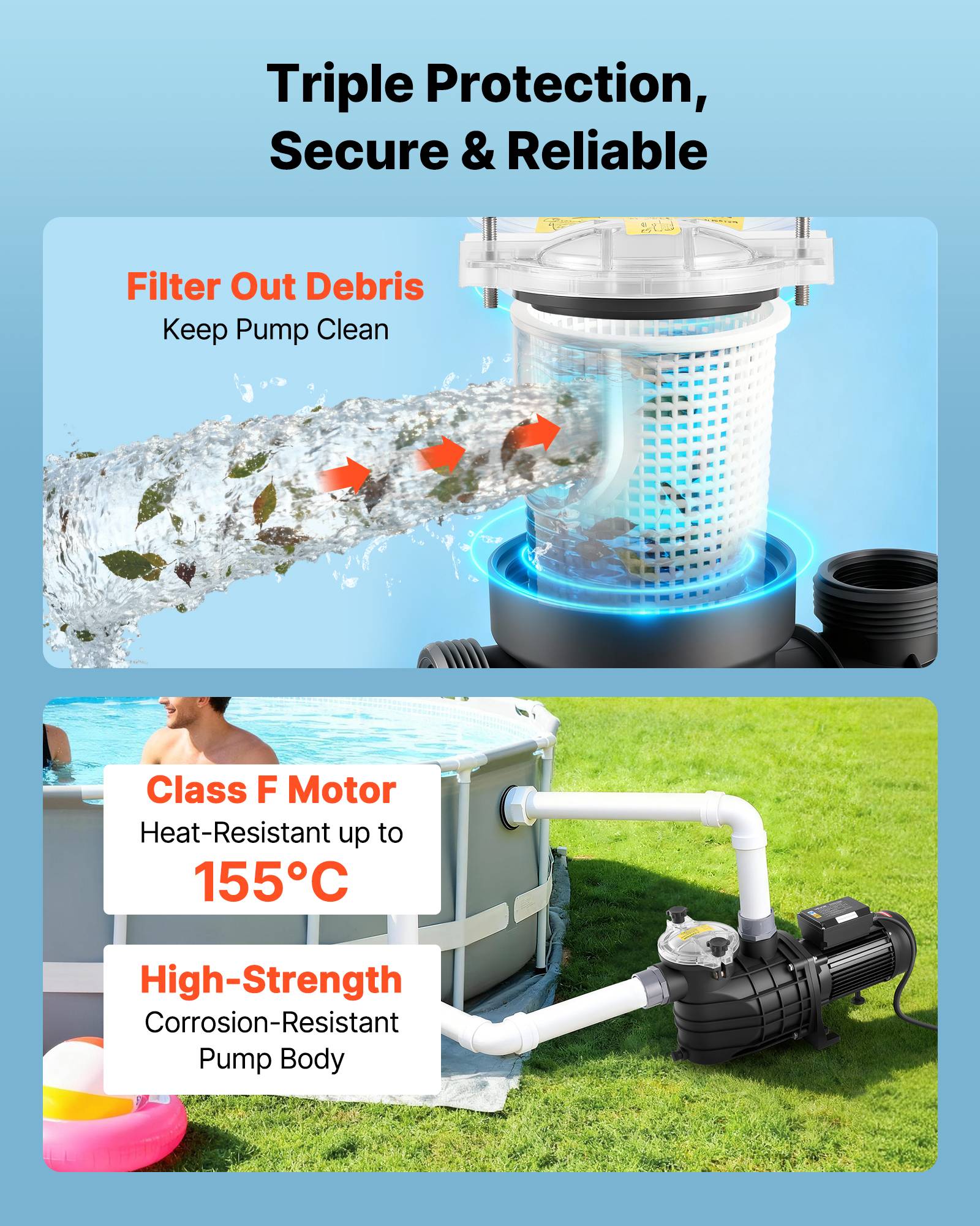Vevor - VEVOR Pompe piscine 3000 W, 35000 L/h, hauteur 19 m, minuterie 24 h, panier filtrant, 220-240 V CA - Image 5