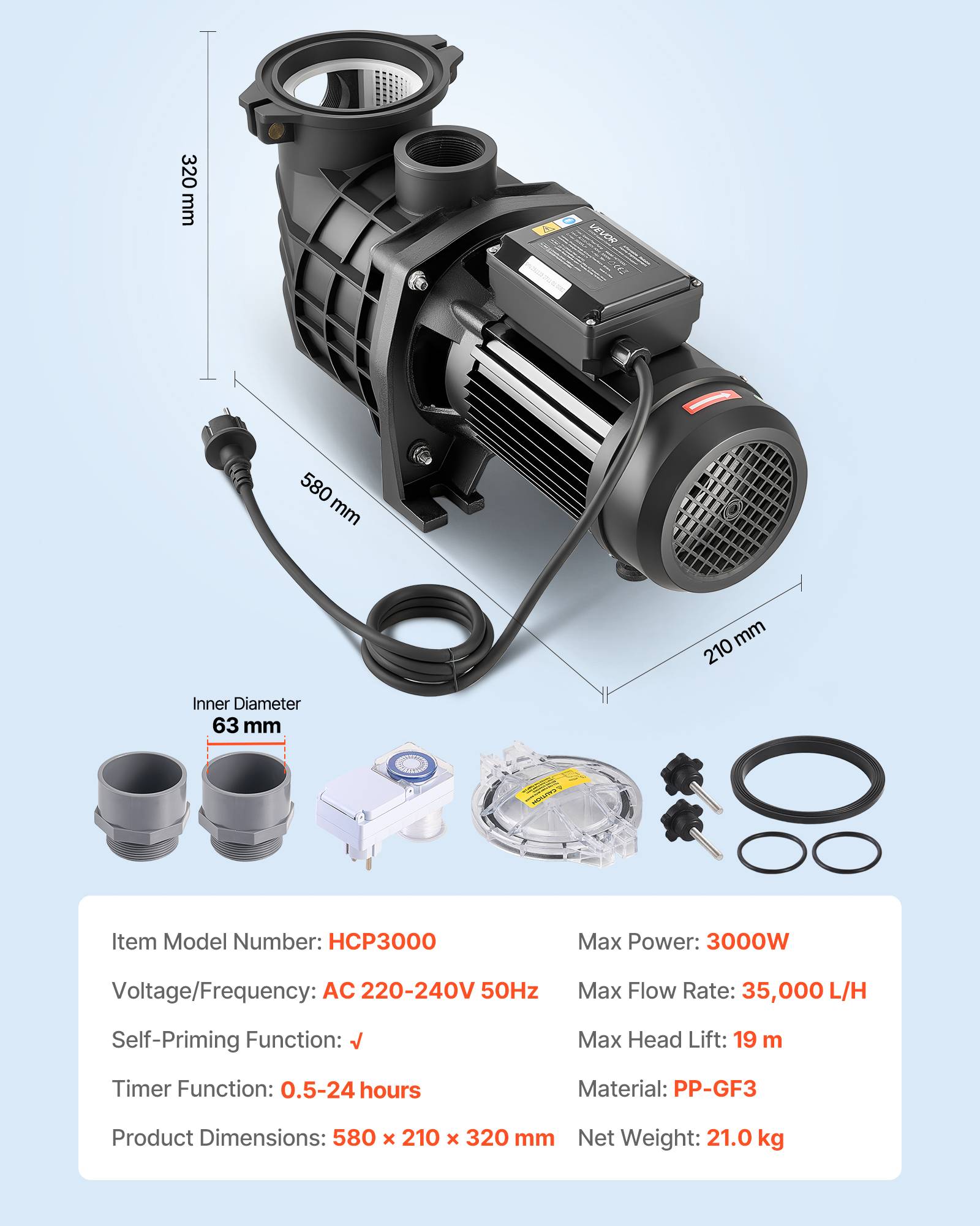 Vevor - VEVOR Pompe piscine 3000 W, 35000 L/h, hauteur 19 m, minuterie 24 h, panier filtrant, 220-240 V CA - Image 6